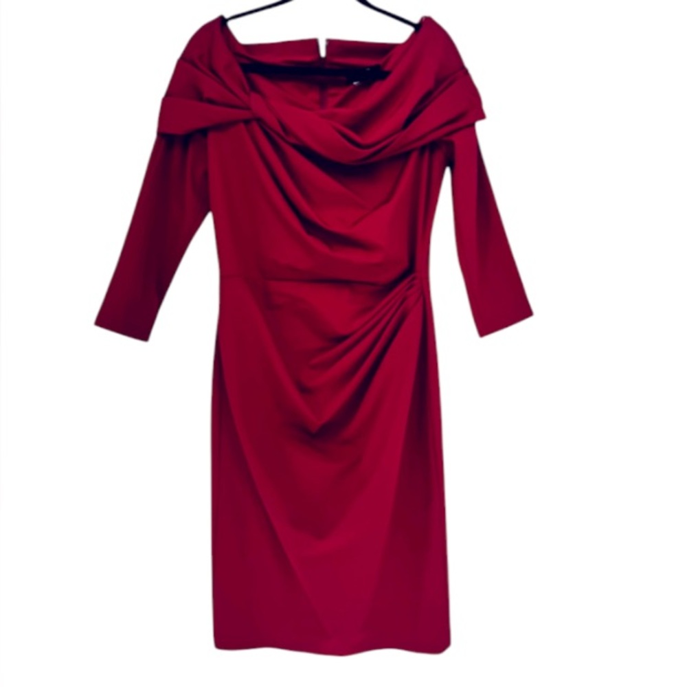 Tadashi Collection Red‎ Long Sleeve Ruched Cocktail Dress Size 8 Holiday Party
